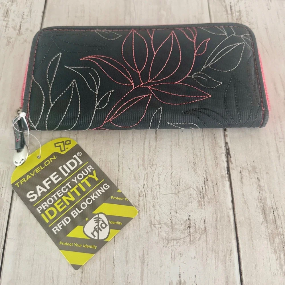 Travelon Safe ID RFID Blocking Zip Around Wallet Gray Pink Floral Embroidered